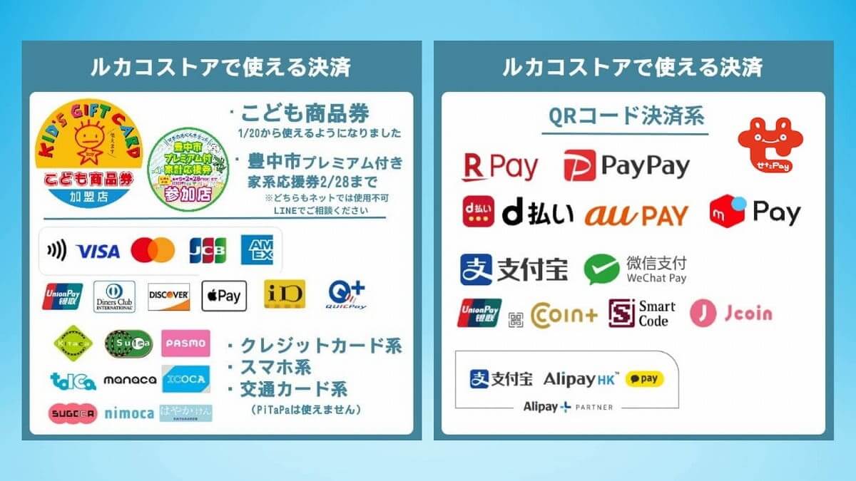 現金、クレジットカード、スマホ決済、PayPay、楽天Payなどいろんな決済方法が選べます