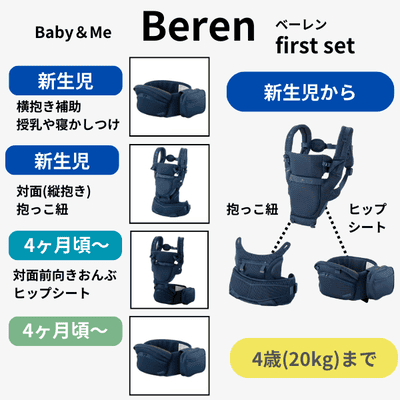 BABY&Me Beren(ベビーアンドミー ベーレン)抱っこひもヒップシート│新生児から4歳頃20kgまで使えるメッシュでスタイリッシュな抱っこ紐とヒップシートの全部セット。
生まれてすぐから片手が使えて腱鞘炎予防に。新生児抱っこから対面抱っこ、前向き抱っこにおんぶまでオールマイティ。