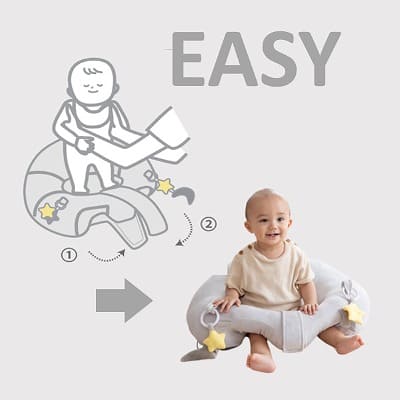 ベビーチェア(赤ちゃんお座り練習椅子)【もうちょっとでお座り もちと】 赤ちゃん首すわり(生後3ヵ月頃)から24ヵ月頃まで長く使えるベビーソファーもちふわクッション。 取り外せるおしゃれな知育おもちゃ付き