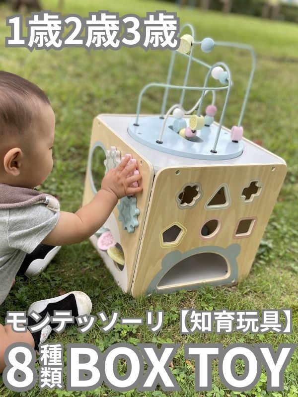 1歳2歳3歳ボックスおもちゃ【知育玩具】木製モンテッソーリ玩具【8種類遊べるプレイトイボックス】【ペールカラー】おしゃれでかわいいデザインで1歳2歳の誕生日やお孫さんへプレゼントに