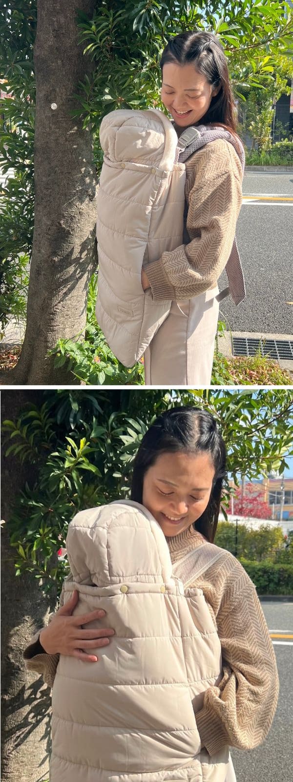 防寒ケープ(抱っこ紐ヒップシート ベビーカー対応)赤ちゃん新生児から1歳2歳3歳 寒さ対策 【暖か軽い洗える】多機能 撥水加工のサーモライトエコメイド エアバギー【サンドアッシュ】1000-63-01