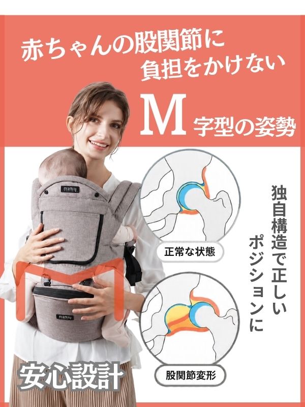 ミアミリー コアキャリアは赤ちゃんの股関節に配慮したM字姿勢をサポート。独自構造で自然な開脚姿勢を保ちやすい抱っこ紐